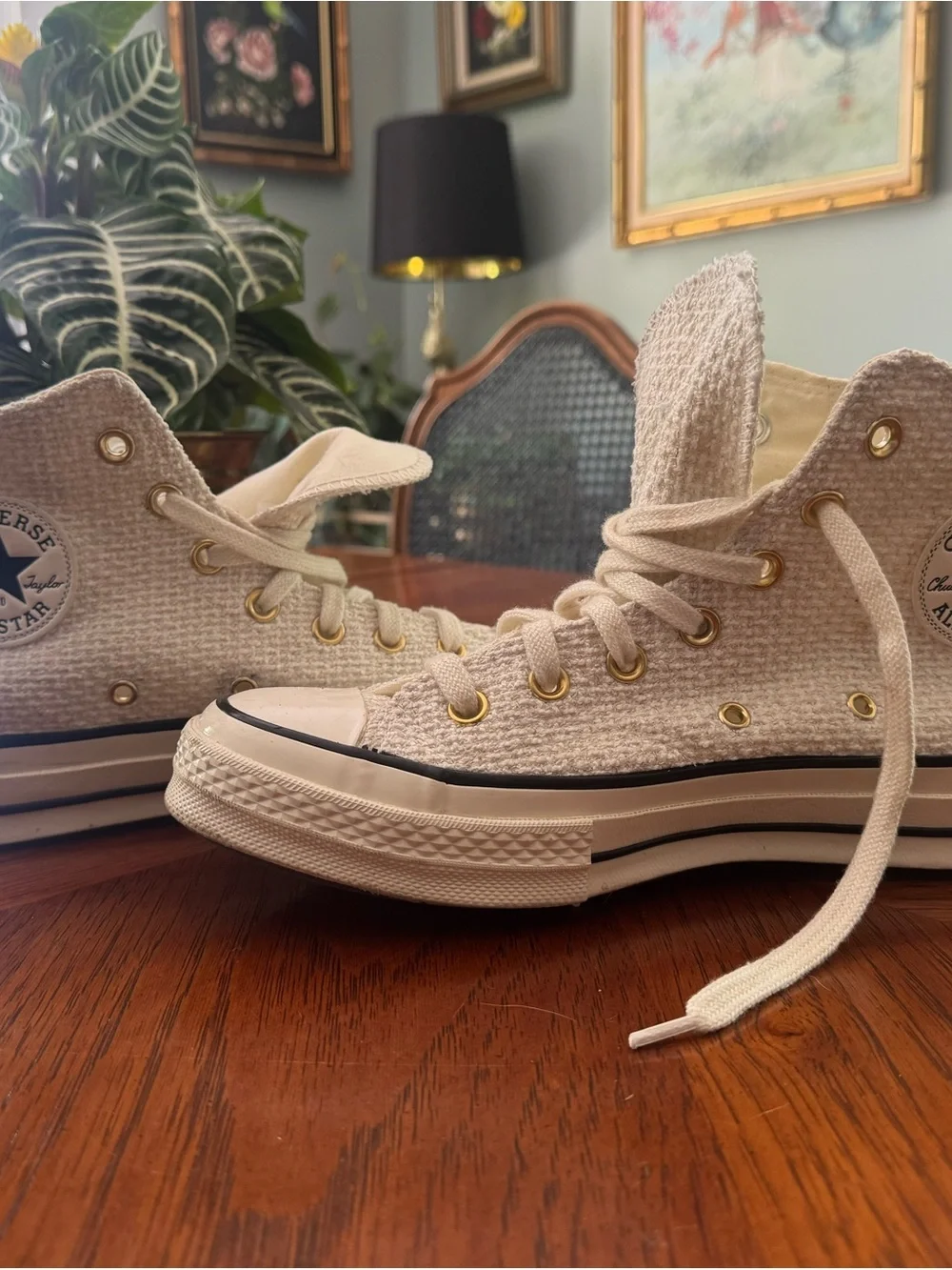 Converse High Top Sneakers in Cream with Gold Eyelets